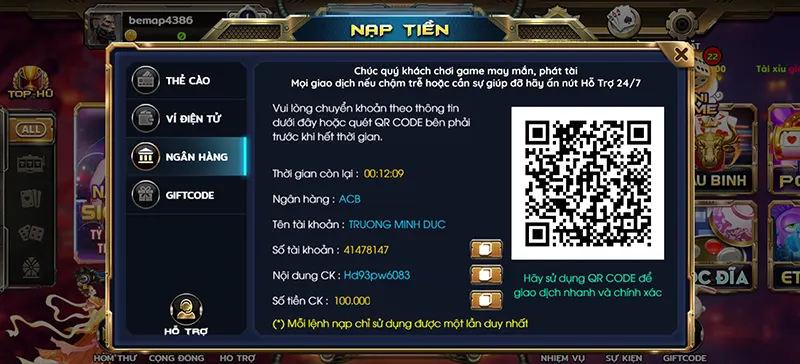 Lưu lại thông tin tài khoản ngân hàng mà cổng game cung cấp để thực hiện bước chuyển tiền